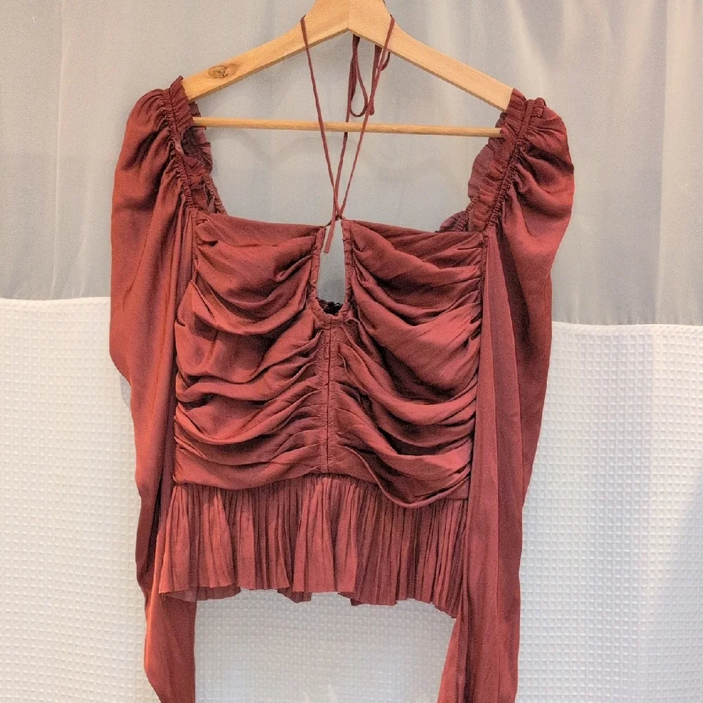 ULLA JOHNSON Mirelle Tie Halter Peplum Blouse Desert Rose Long Sleeve Size 8